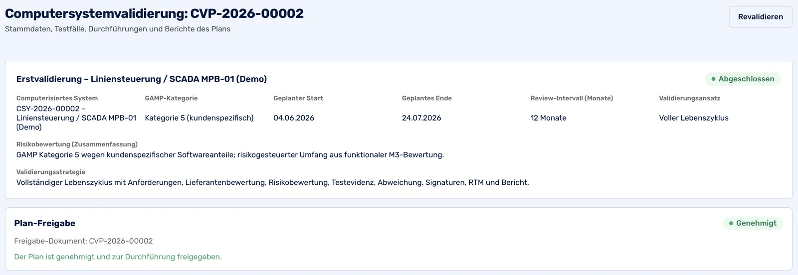 Computersystemvalidierungsplan: Kategorie 5, Zeitraum, Review-Intervall, Validierungsansatz