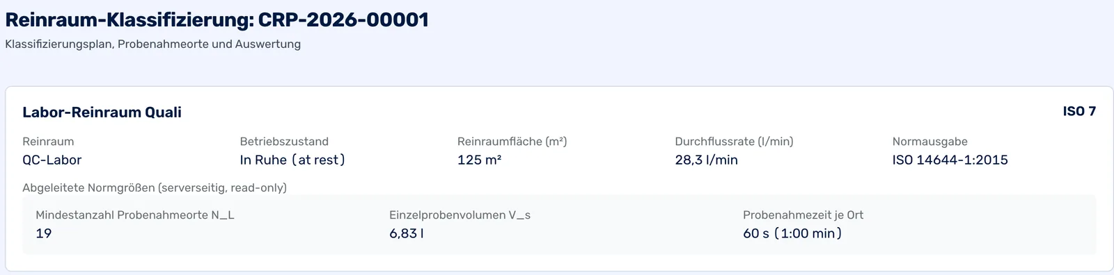 Reinraum-Klassifizierung ISO 7 mit abgeleiteten Normgrößen: 19 Probenahmeorte, 6,83 Liter Probevolumen